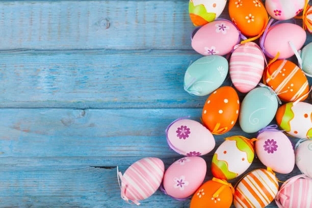 Easter eggs on blue wooden background