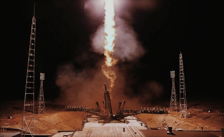 The Soyuz MS-13 spacecraft lifts off.