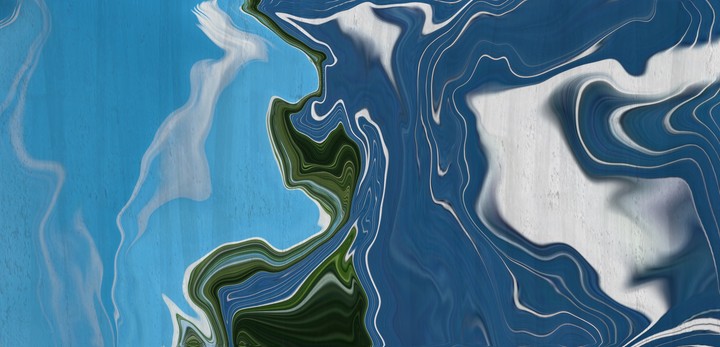 A dynamic abstract wallpaper featuring vibrant blue liquid-like swirls with touches of deep green an