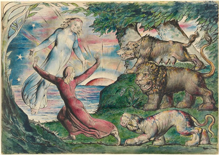"Dante, who's running away from the three animals"