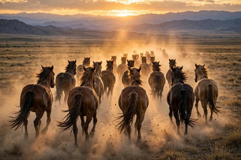 The horses are running towards the sunset.