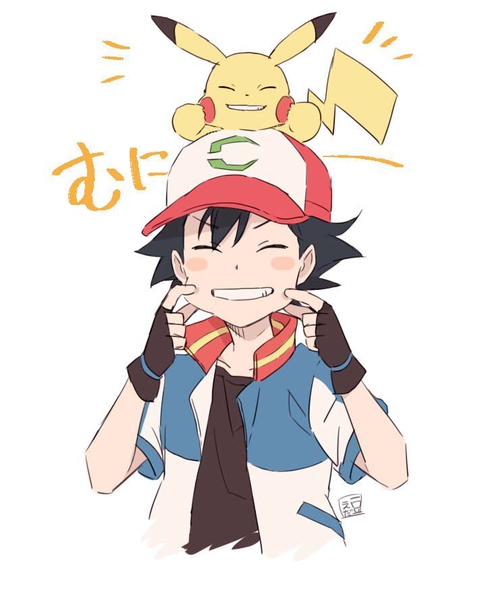 Pokémon: ahs y pikachu sonriendo