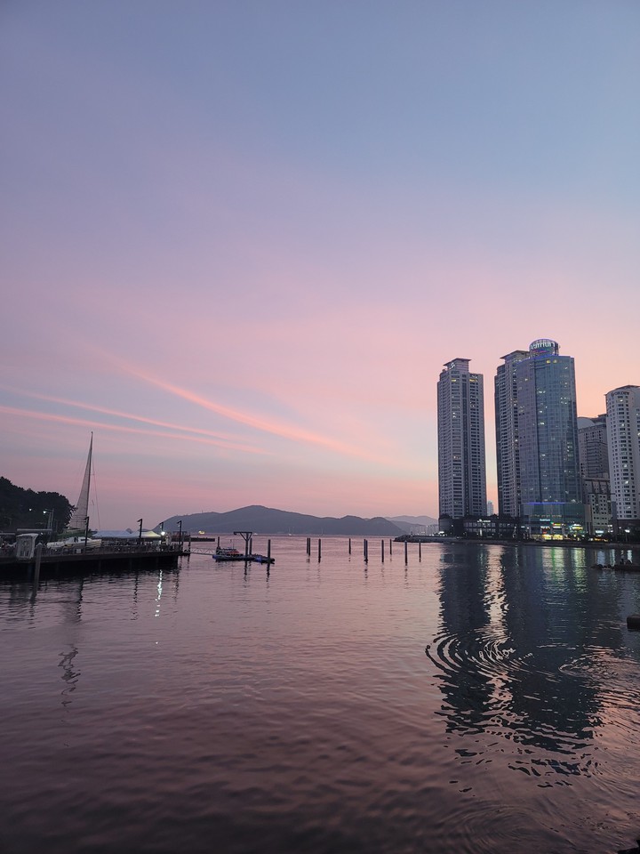 city, building, sea, sunset