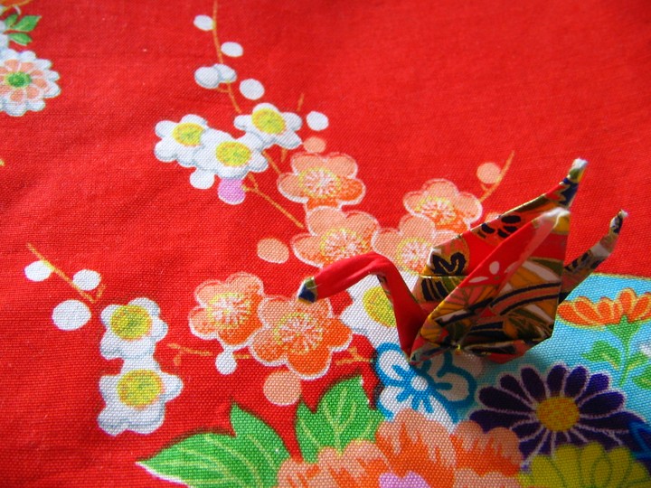 Origami Red Crane and Flowers