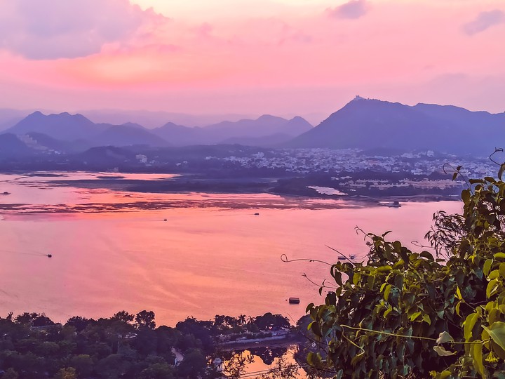 the pink sunset in Palace city , udaipur