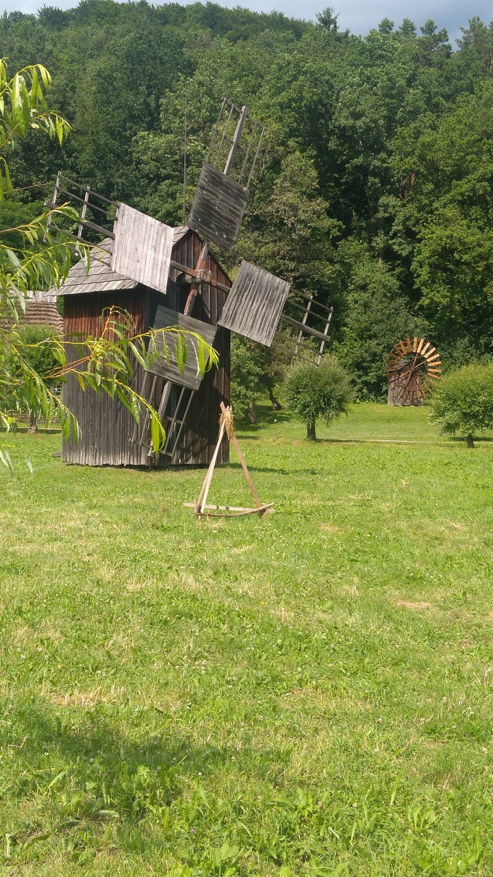 Wooden windmills and lot's of green.