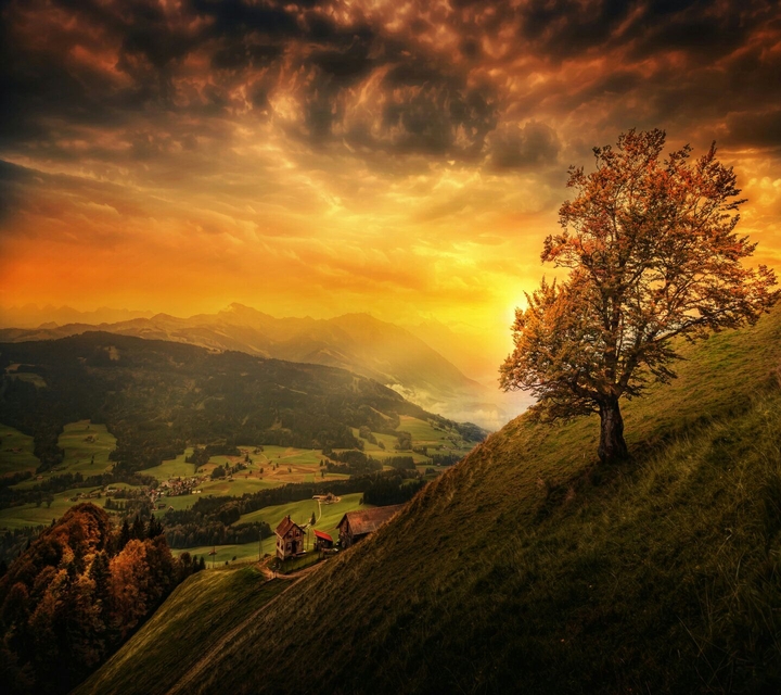 Sunset in green valley