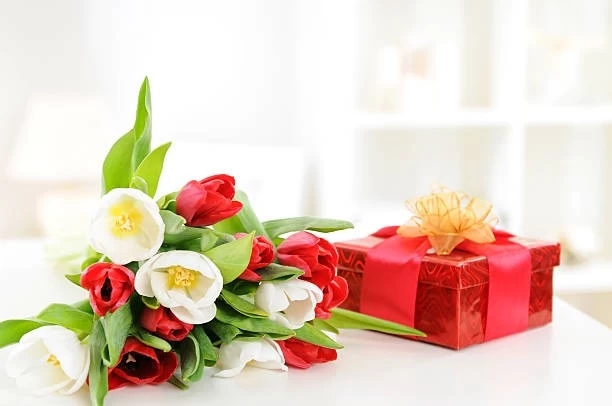 bouquet of tulips & present