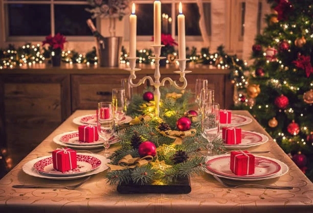 table set for Christmas dinner
