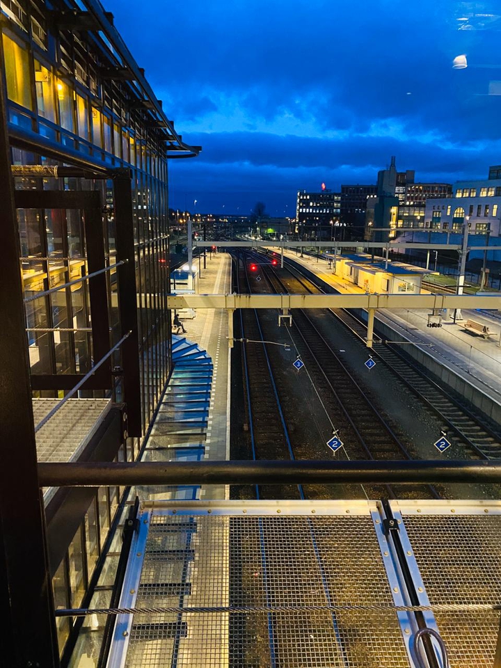 Railway bridge at night in Europe