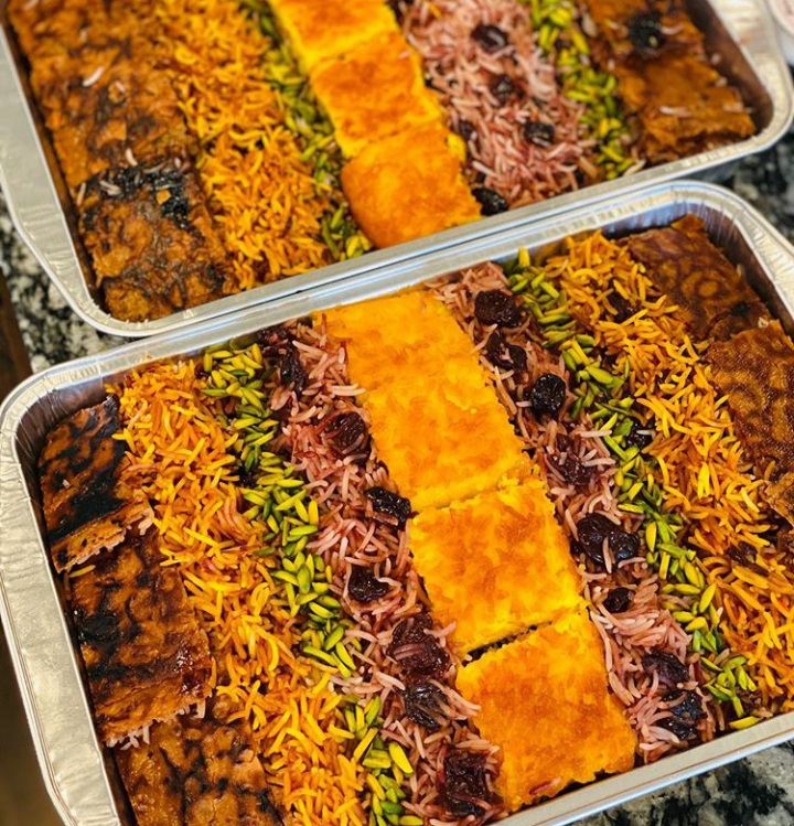Albaloo polo with saffron kebab chicken