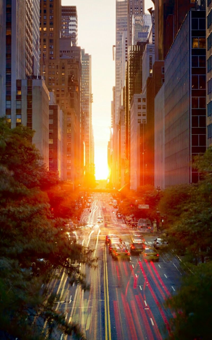 City​​, Sunset, Sun, Manhattan, Road, Cars, Spring, Light