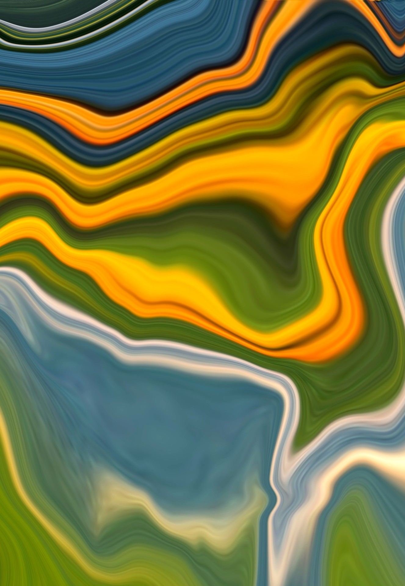 Abstract Liquid Marble Texture with Wavy Green, Yellow, and Blue Swirls