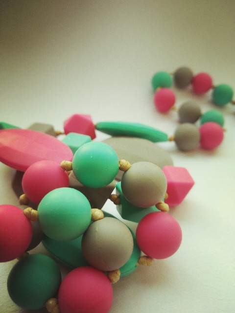 Turquoise, pink, grey