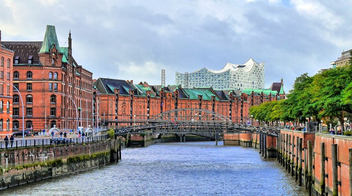 Speicherstadt in Hamburg with the new Elbphilharmonie