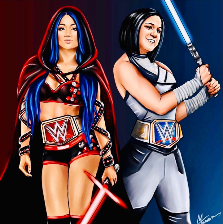SashaBanks and Bayley stands
