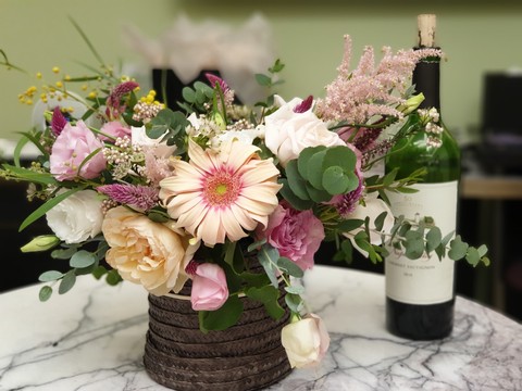 flowers, wine