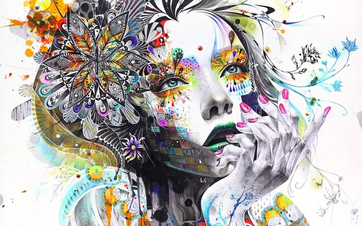 abstraction_painting_girl_paint_flowers_hand_thoughtful_rend