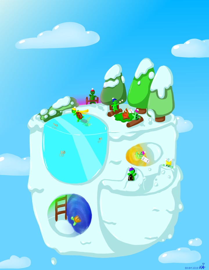 A floating island with turtles