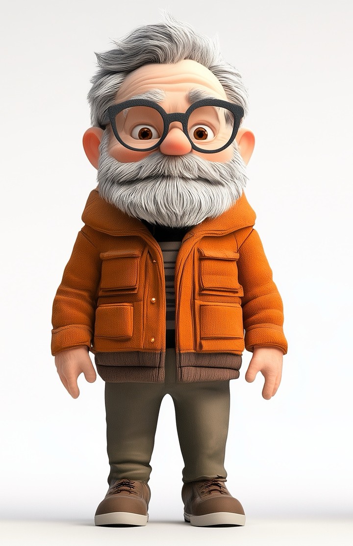 3D Render of Cute Funny Old Man Character with Round Glasses and White Beard