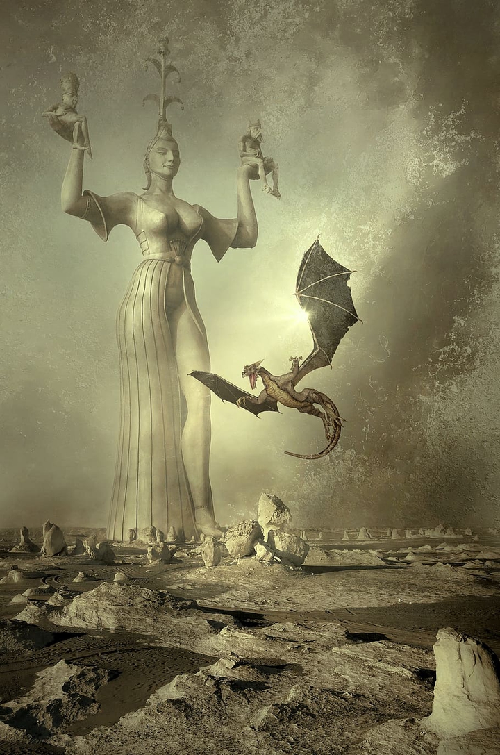 Dragon flying near statue ❤️