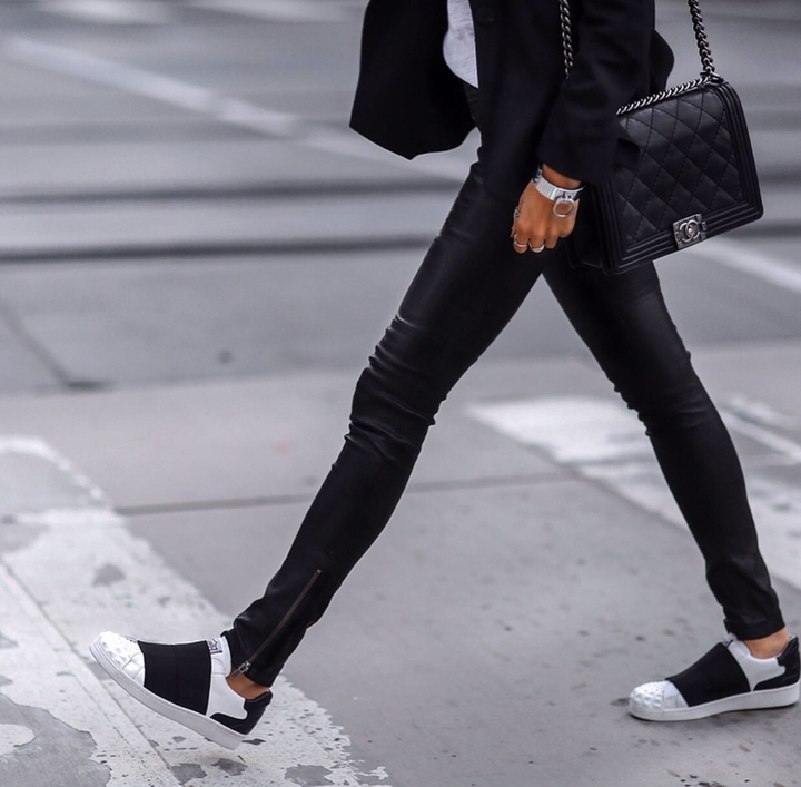 Girl leather skinny jean walk