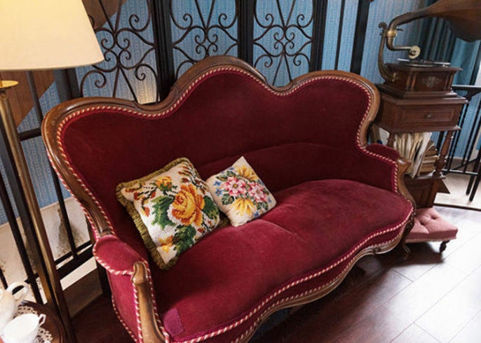 plush antique sofa and gramophone