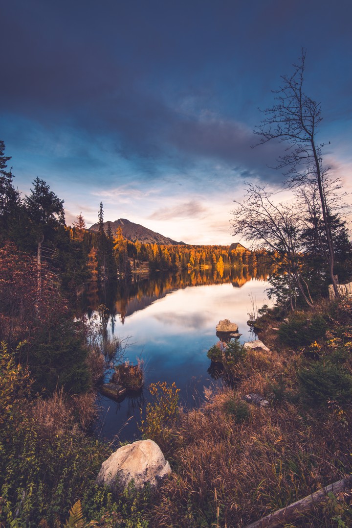 Autumn foliage reflection in alpine lake