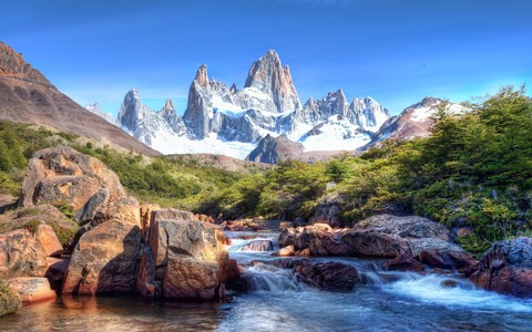 Mountains Stones Wood Tops Snow-Covered Brightly Stream