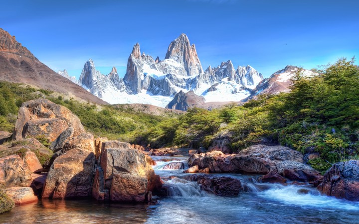 Mountains Stones Wood Tops Snow-Covered Brightly Stream