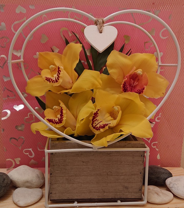 orchidée jaune et cadre cœur