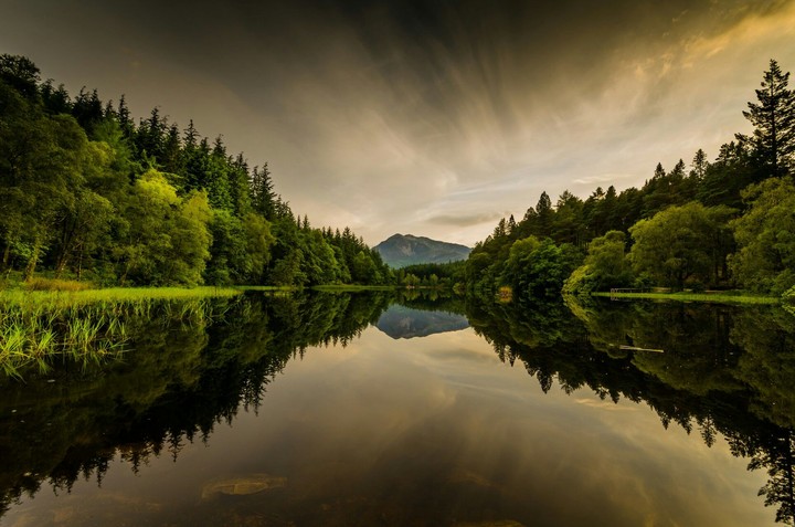 Forest, river, mountains.