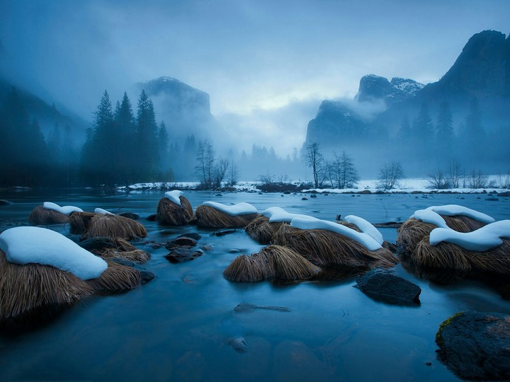 River snow fog rocks