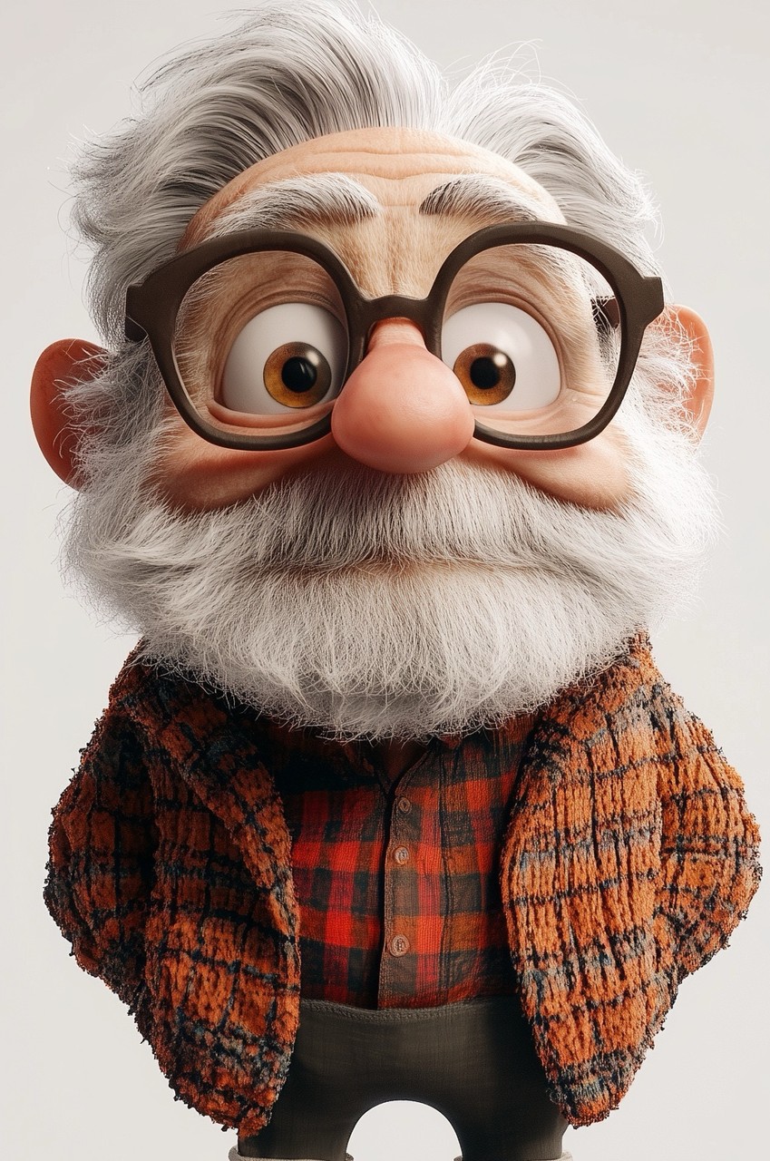3D Render of Cute Funny Old Man Character with Round Glasses and White Beard