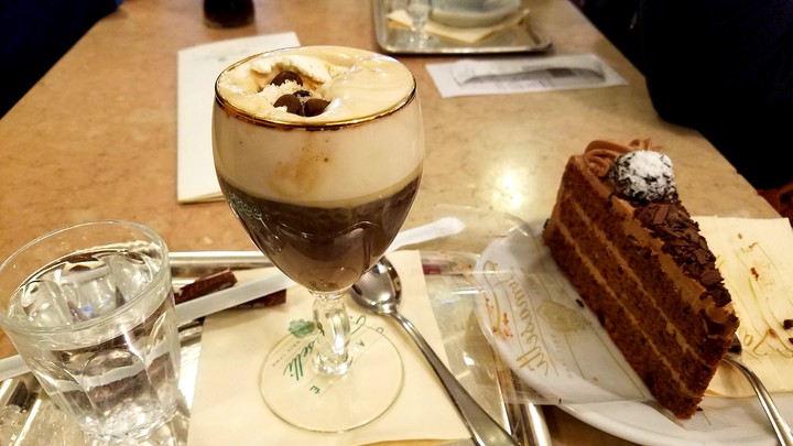 Irish coffee and chocolate cake in Austria