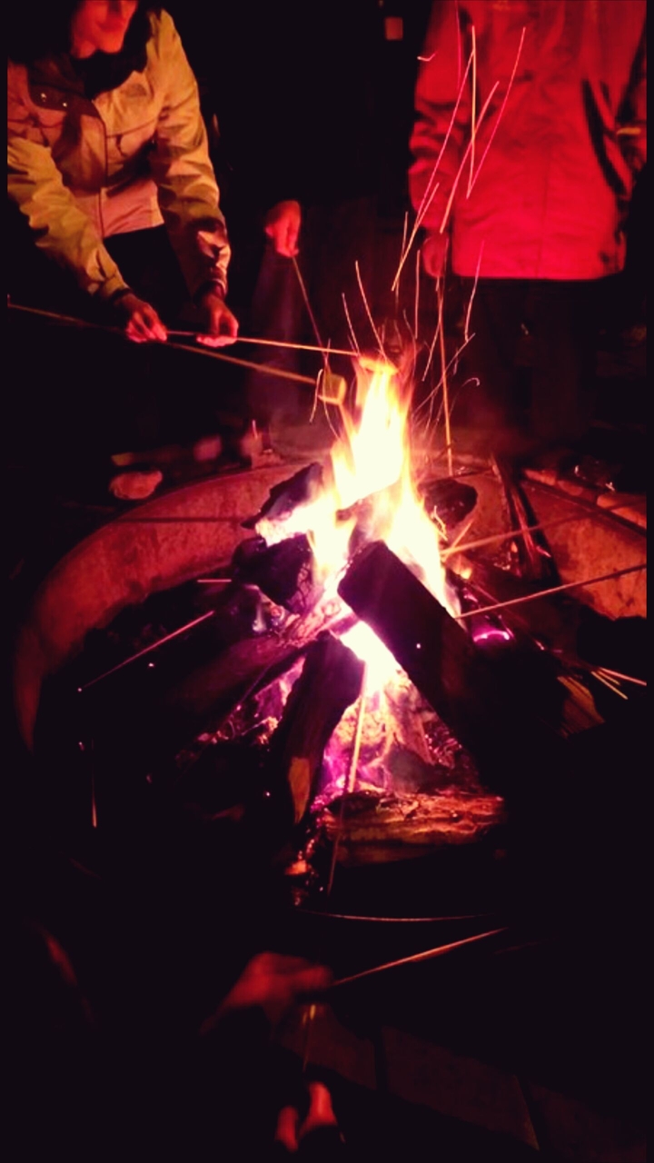 Roasting marshmallows over a fire with friends