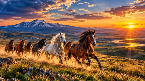 The horses are running towards the sunset.