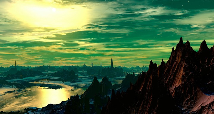 Perfect mountains with sun,clouds and a lake
