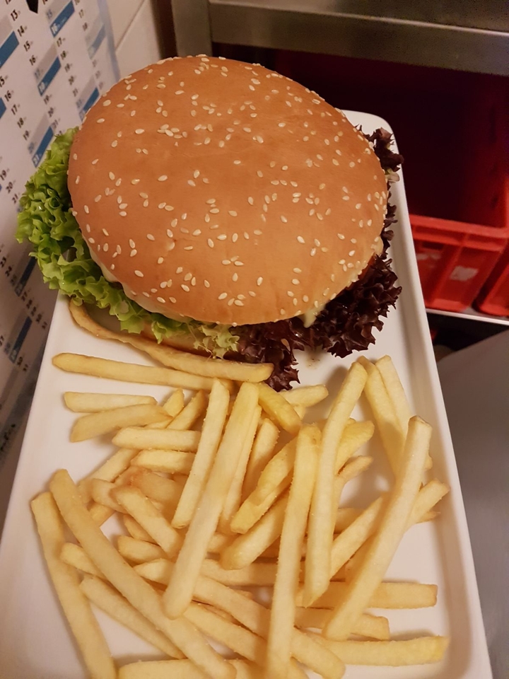 burger with potato chips