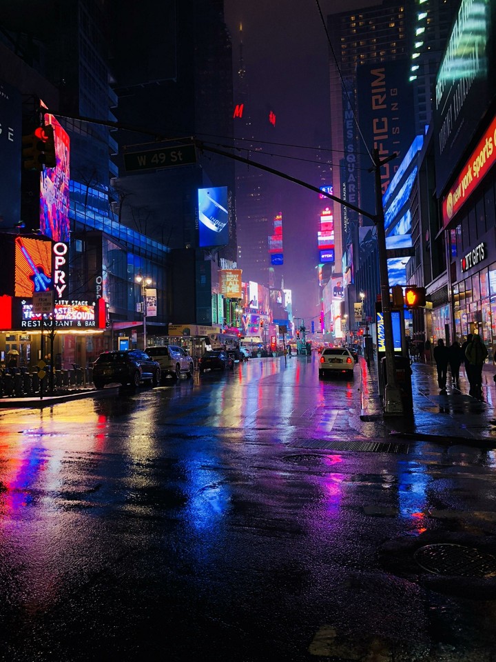 Dark and wet Times Square