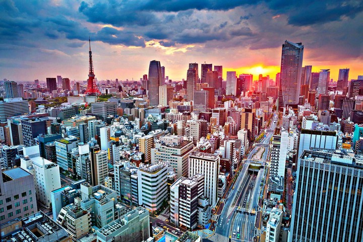 Sunset in city