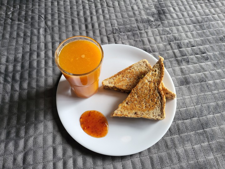 Breakfast Potato Sandwich with Cold Pressed Mandarin Juice