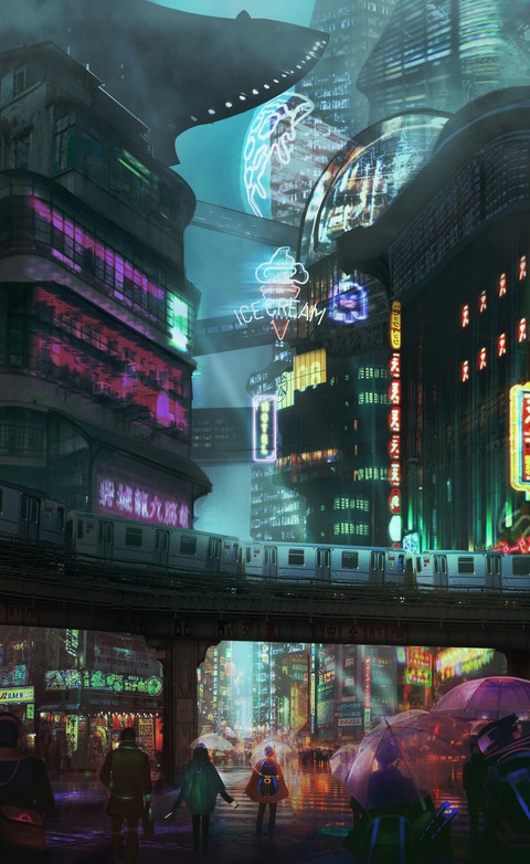 Cyberpunk city during rain