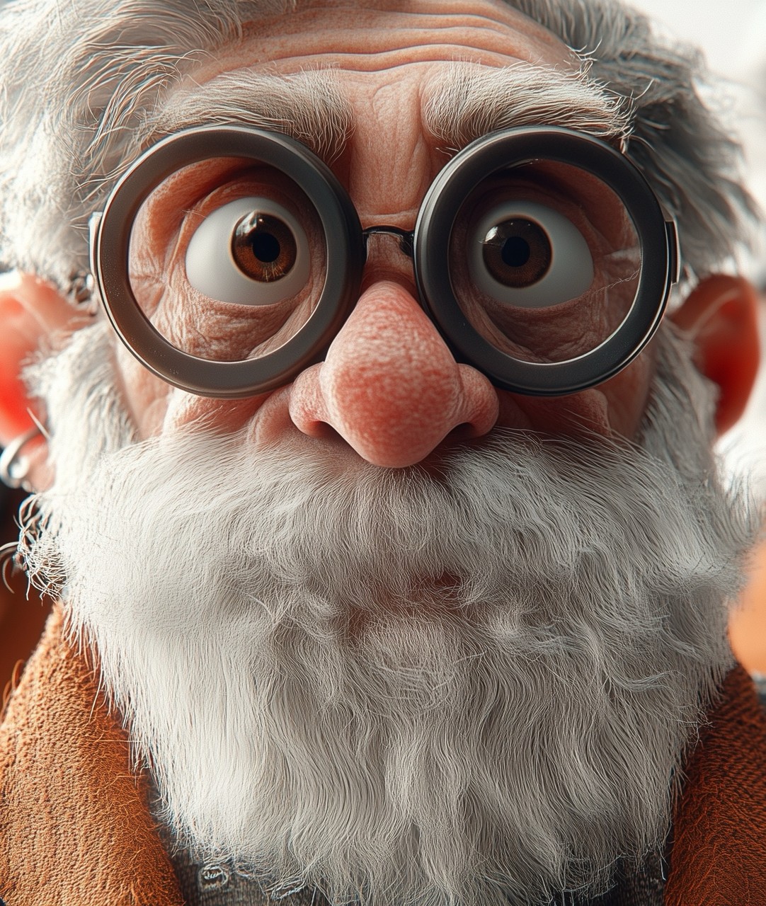 Close up portrait of a funny elderly male character with big eyes, round dark glasses, and a white b