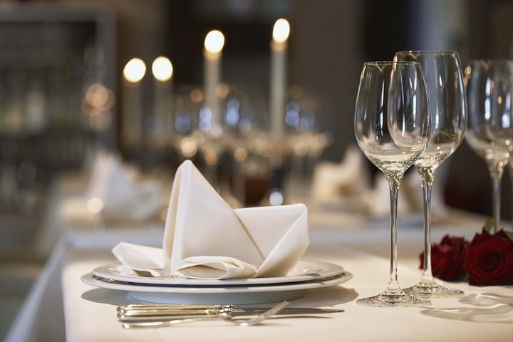 Desk Restaurant Wine Glasses Plates Flowers Roses