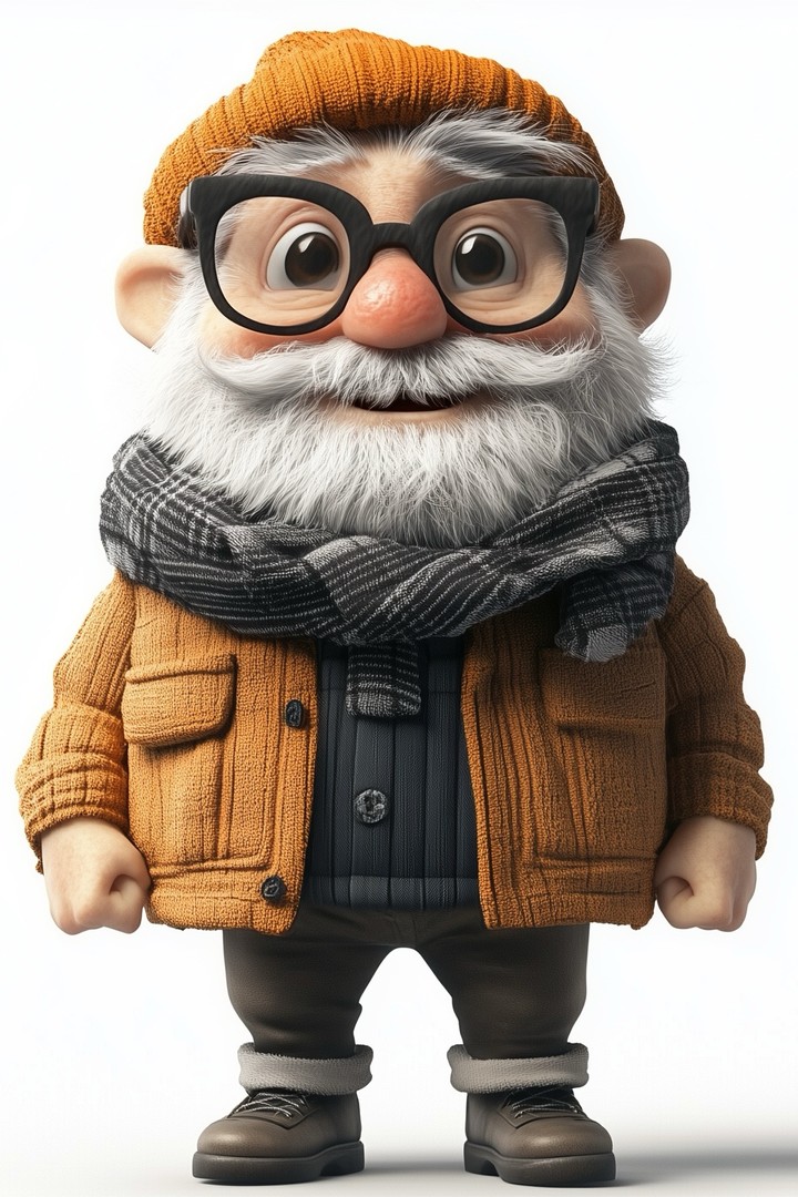 3D Render of Cute Funny Old Man Character with Round Glasses and White Beard
