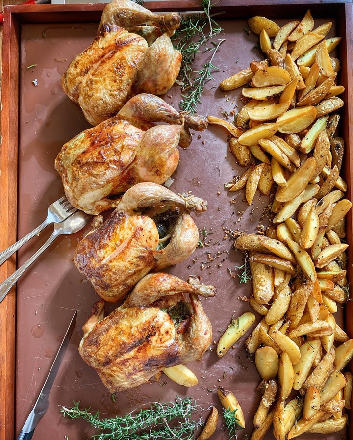 Grilled chicken, potatoes, kibbeh, and some sweets