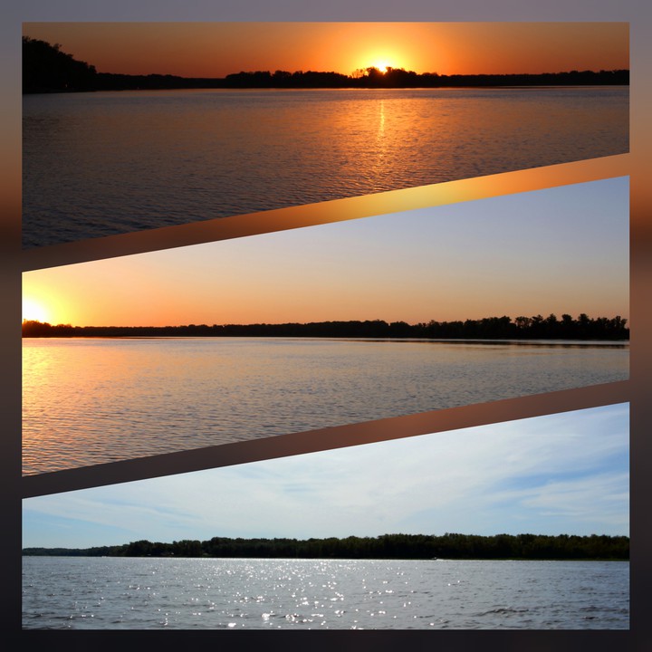 Collage. Sunrise on the river Volga