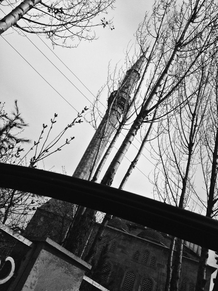 mosque minaret view from car window