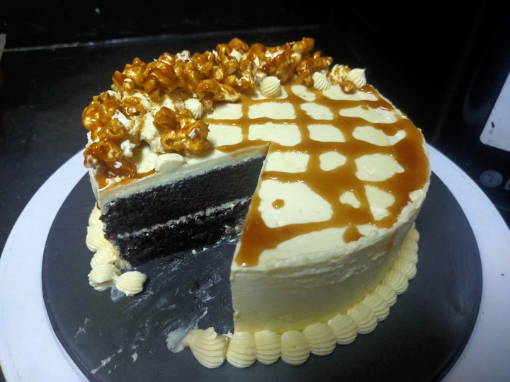 black forest Cake with caramel drizzle as filling and Swiss